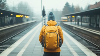 A traveler stands at a misty train station wearing a bright yellow jacket and backpack, evoking themes of adventure and anticipation, This image is ideal for travel blogs, lifestyle content