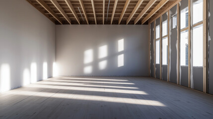 Stacked drywall sheets in a partially built room, with beams and insulation visible, highlighting the transition from framing to finishing