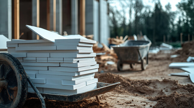 Stacks of drywall sheets in a construction area, with a wheelbarrow, buckets of joint compound, and other materials scattered around