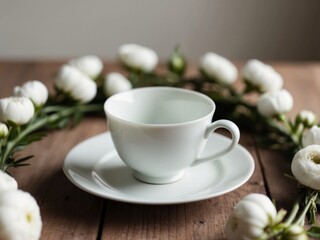 Fototapeta premium A white cup with a white saucer sits on a table with a wreath of white flowers.