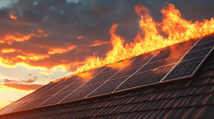 Solar panel roof engulfed in flames at sunset. concept solar panel fire, sunset blaze, renewable energy disaster, emergency response, solar panel safety. Inferno. Illustration
