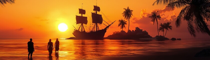 A serene sunset over a tropical beach with a silhouette of a historical ship and palm trees.