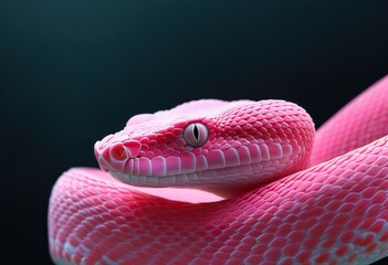 Fototapeta premium Closeup of a vibrant pink snake. Its scales, eye, and body are sharply in focus against a dark background