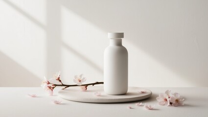 White Bottle Mockup with Cherry Blossoms.