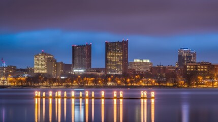 City skyline at dusk with illuminated buildings and reflections on the water.
