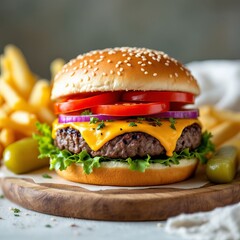  Gourmet Cheeseburger in a Vibrant Outdoor Setting