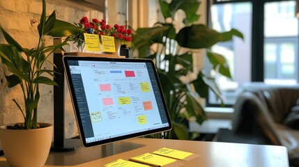 A creative workspace setup with sticky notes and a tablet displaying social media campaign insights