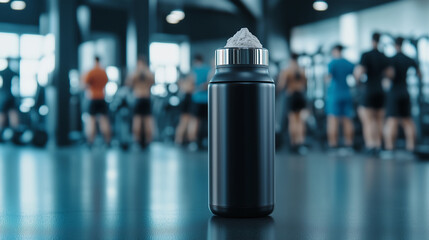 A premium black shaker bottle with metallic accents, topped with a scoop of whey protein powder, placed against a backdrop of energized fitness enthusiasts at the gym