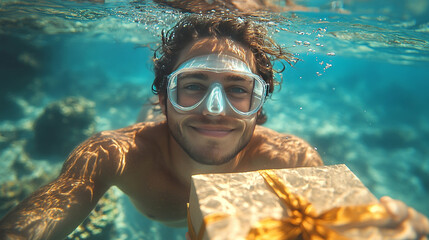 Fototapeta premium man underwater holding a gift in his hand