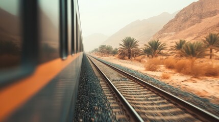 A scenic view of a train speeding along dusty tracks bordered by palm trees and mountains, The image captures a sense of adventure and travel, ideal for tourism, transport