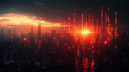 Fototapeta premium Futuristic cityscape with glowing data streams at sunset 