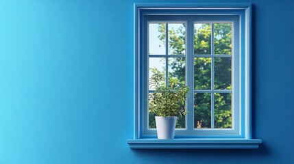 Blue Wall Interior Window with Plant