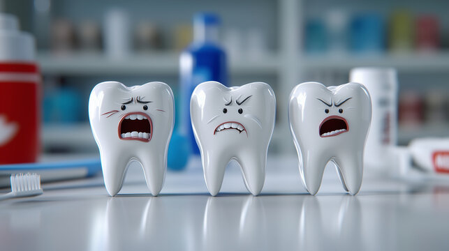 Three cracked cartoon teeth, each showing a unique expression of pain, set against a backdrop of a cartoonish dental office with oversized toothpaste tubes and toothbrushes