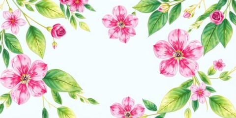 Obraz premium Pink flowers and green leaves painted in watercolor on light blue background with copy space, nature, background, floral
