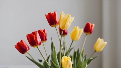 Beautiful bouquet of red and yellow tulips in bloom.