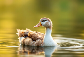 A white duck with brown feathers swimming in a pond with a blurred green and yellow background