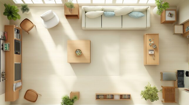 Top view of living room interior. 3D render
