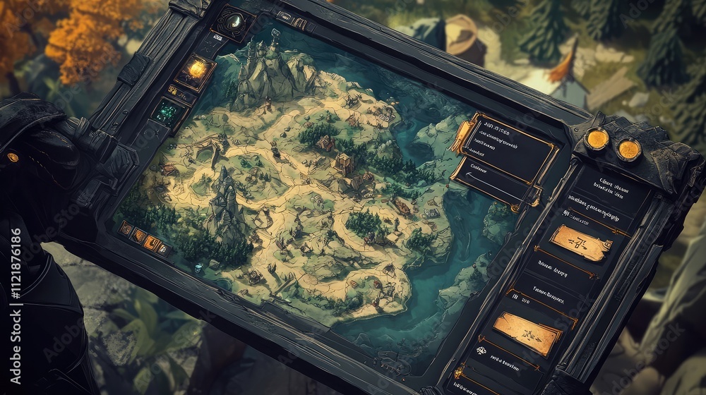 Poster a high-tech rpg game interface with detailed maps and character stats
