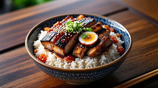 Unagi Don (Grilled Eel Rice Bowl) Summer Menu, Unagi Don features grilled, tender eel served over warm rice, topped with a sweet and savory sauce. A refreshing dish perfect fof enjoying. Ai-generated.