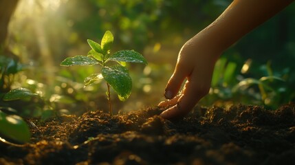 Fototapeta premium Gentle Hand Nurturing a New Sprout: A Symbol of Growth and Hope in the Heart of Nature
