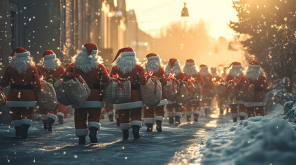 Obraz premium Large group of Santa Clauses with gifts walking on the street in winter town covered with snow. Concept of Christmas celebration, tradition and winter season.