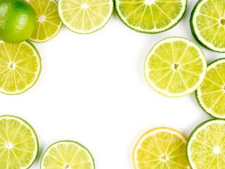 Fototapeta premium Refreshingly arranged lemon and lime slices on white and green gradient background with copy space, slices, copy space, arrangement