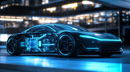 Fototapeta premium A futuristic design of an electric vehicle with a cutaway showing the battery modules, cooling system, and regenerative energy pathways glowing in blue and green hues