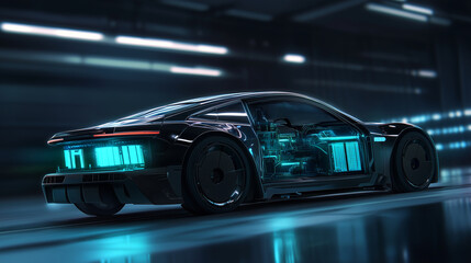 Fototapeta premium A futuristic design of an electric vehicle with a cutaway showing the battery modules, cooling system, and regenerative energy pathways glowing in blue and green hues