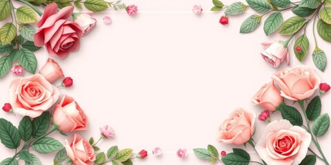 Soft pink roses and green leaves create a romantic and elegant backdrop for wedding invitations, greeting cards, and special occasion frames, copy space, background, valentine's day