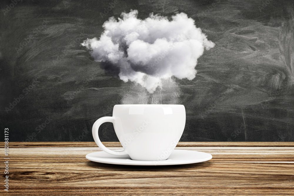 Poster white coffee cup with a cloud of steam above on wooden table against dark background. 3d rendering