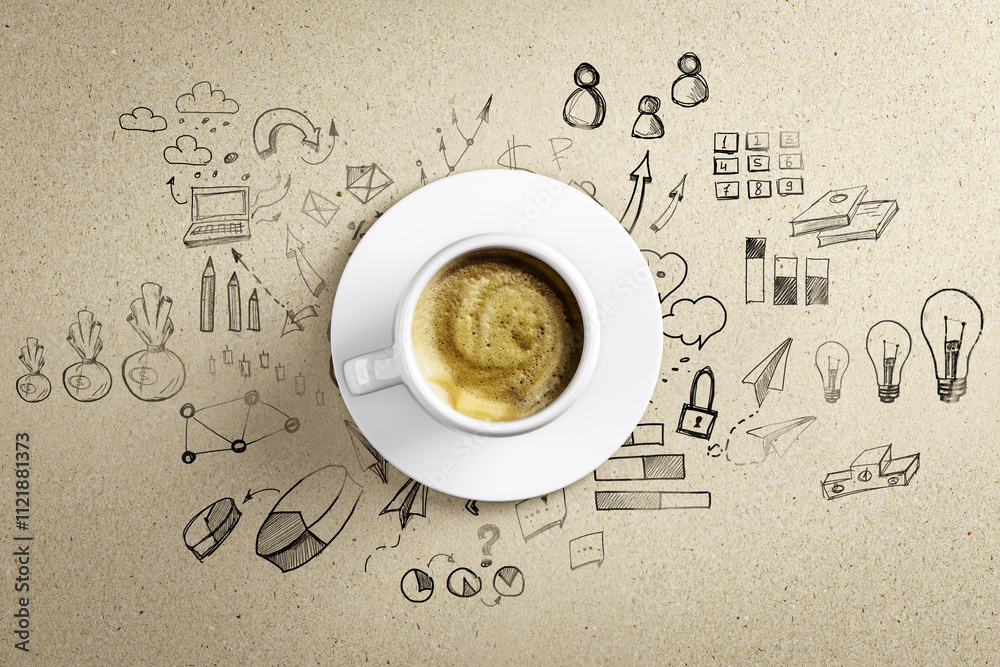 Aufkleber Coffee cup on table with business sketches and doodles conceptually representing ideas, creativity, and brainstorming solutions. 3D Rendering
