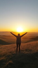 Fototapeta premium Silhouette of a Person Embracing a Sunrise Over Scenic Hills, Fresh Start and Sunrise Themes, New Year's day, New Year's Eve 