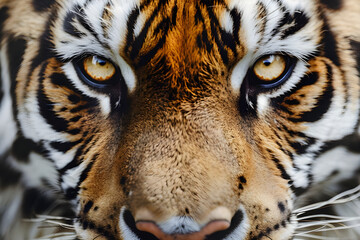 Close-up of a tiger's intense gaze, showing its stripes, eyes, and nose.