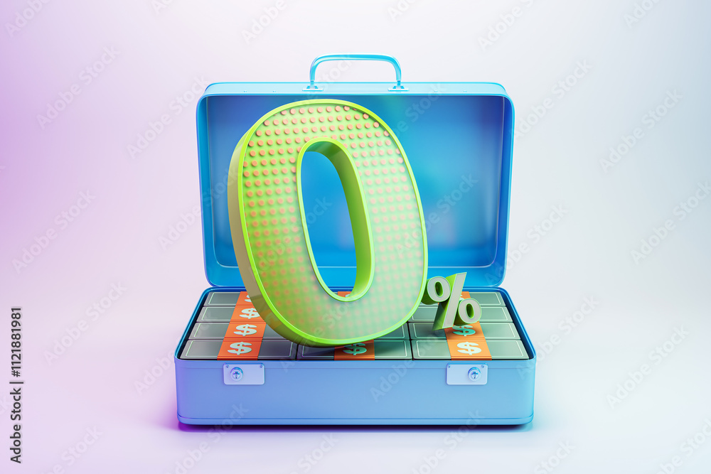 Poster Bright 3D design of an open suitcase with a green 0 symbol and stacks of cash, on a gradient light background. 3D Rendering
