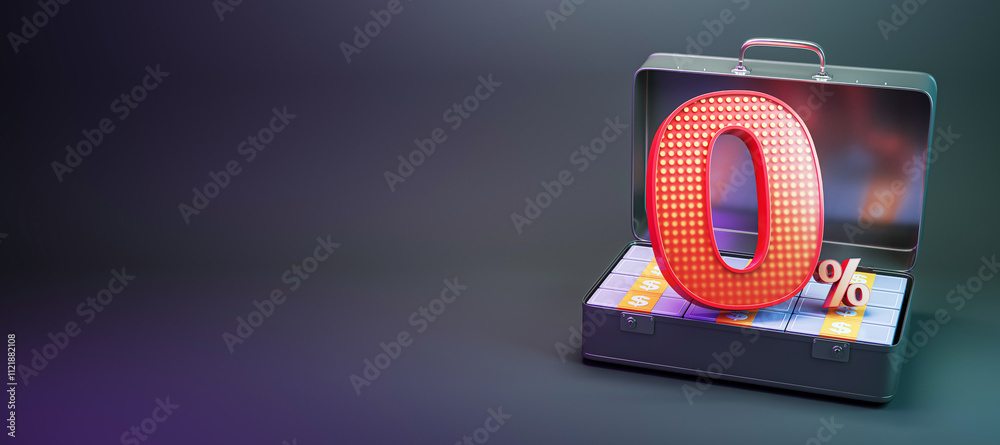 Poster Zero percent symbol over open briefcase filled with cash bundles on dark background. Concept of financial zero interest or savings. 3D Rendering