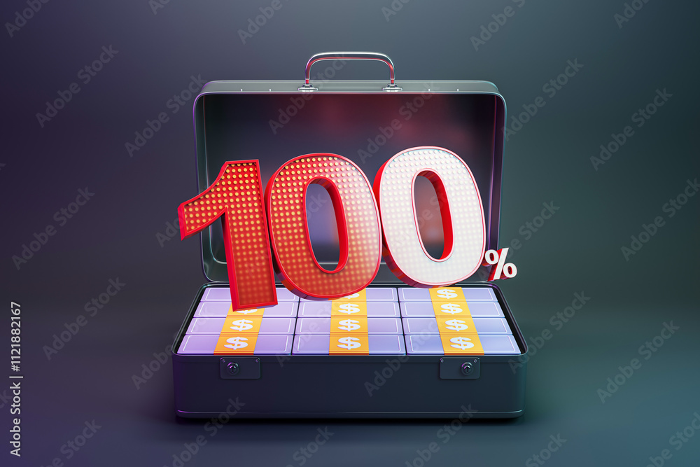 Poster Open briefcase filled with cash bundles and large 100 symbol on top. 3D Rendering
