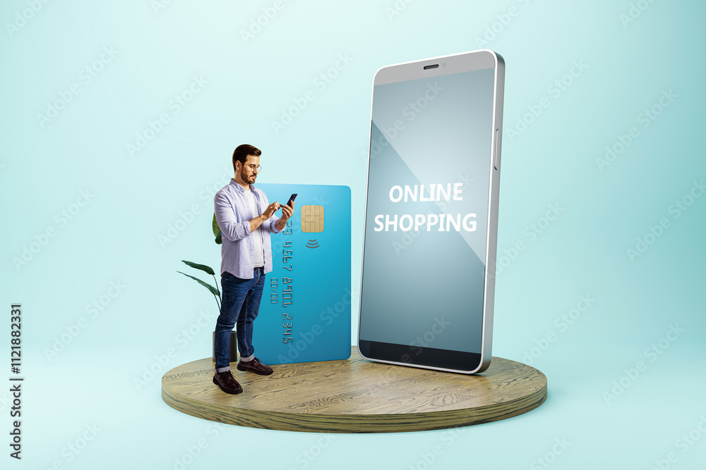Poster man using phone with credit card and smartphone for online shopping.