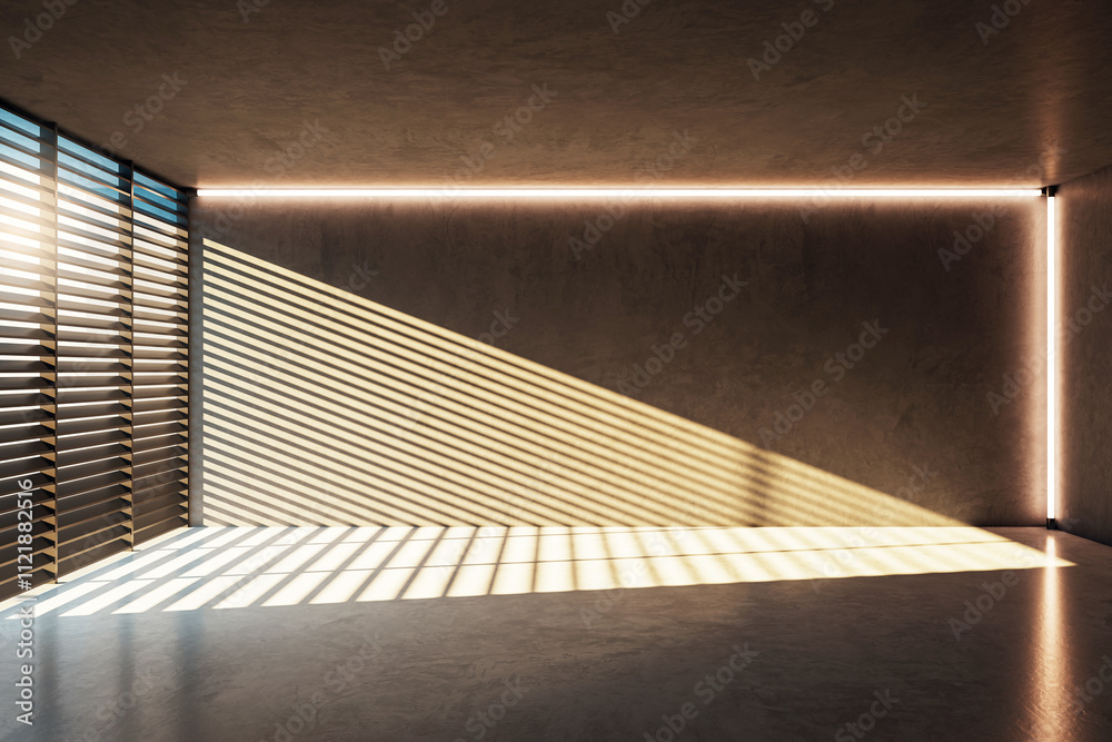 Poster empty modern interior with sunlight and shadows from blinds on a concrete wall and floor. 3d renderi