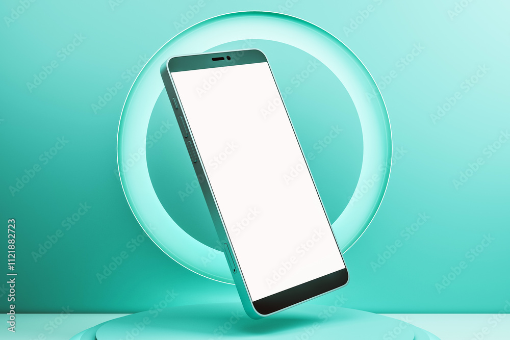 Poster modern smartphone mockup with blank white display on a pedestal against teal background. 3d renderin