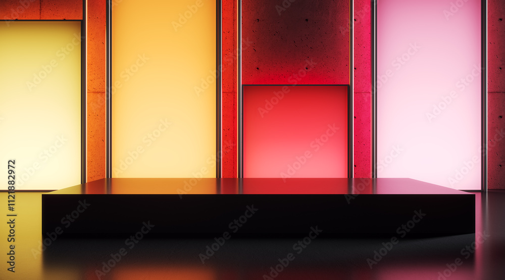 Aufkleber modern dark podium in front of vibrant gradient backlit panels in sleek interior design concept. 3d 