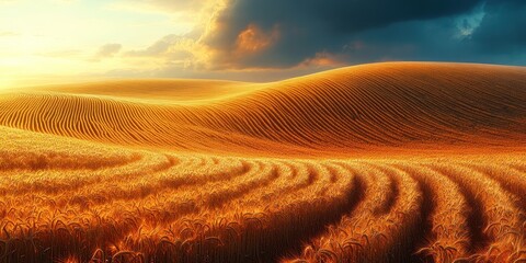 Fototapeta premium Golden Wheat Field Rolling Hills Under Dramatic Sky