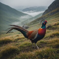 Fototapeta premium A colorful pheasant walking through a misty mountain valley.