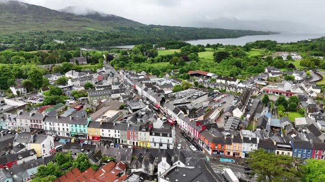 Drone shot of Kenmare, a town on the Ring of Kerry, Ireland