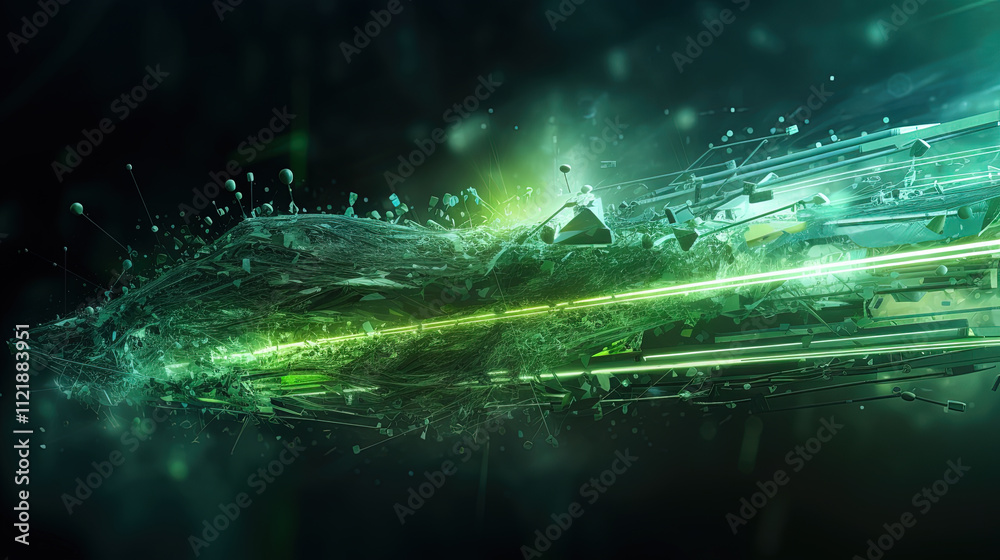 Poster abstract light streaks in a dynamic digital space with glowing green elements