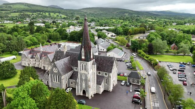 Aerial view of Holy Cross Catholic Church in Kenmare, Ireland