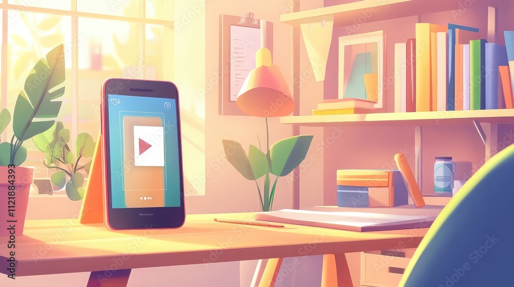 Poster a video tutorial displayed on a smartphone in a cozy learning environment