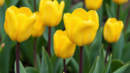 Fototapeta premium vibrant yellow tulips purple stems dark green leaves surrounding
