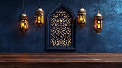 Fototapeta premium Ramadan Kareem background. Mosque window with hanging lanterns and wooden table. Copy space for text.