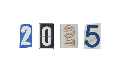 Text with 2025 new year, transparent background, png y2k retro Ransom style, cut-out numbers from magazines