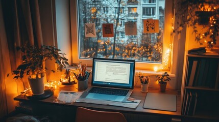 A cozy corner workspace for e-learning with motivational posters and natural light